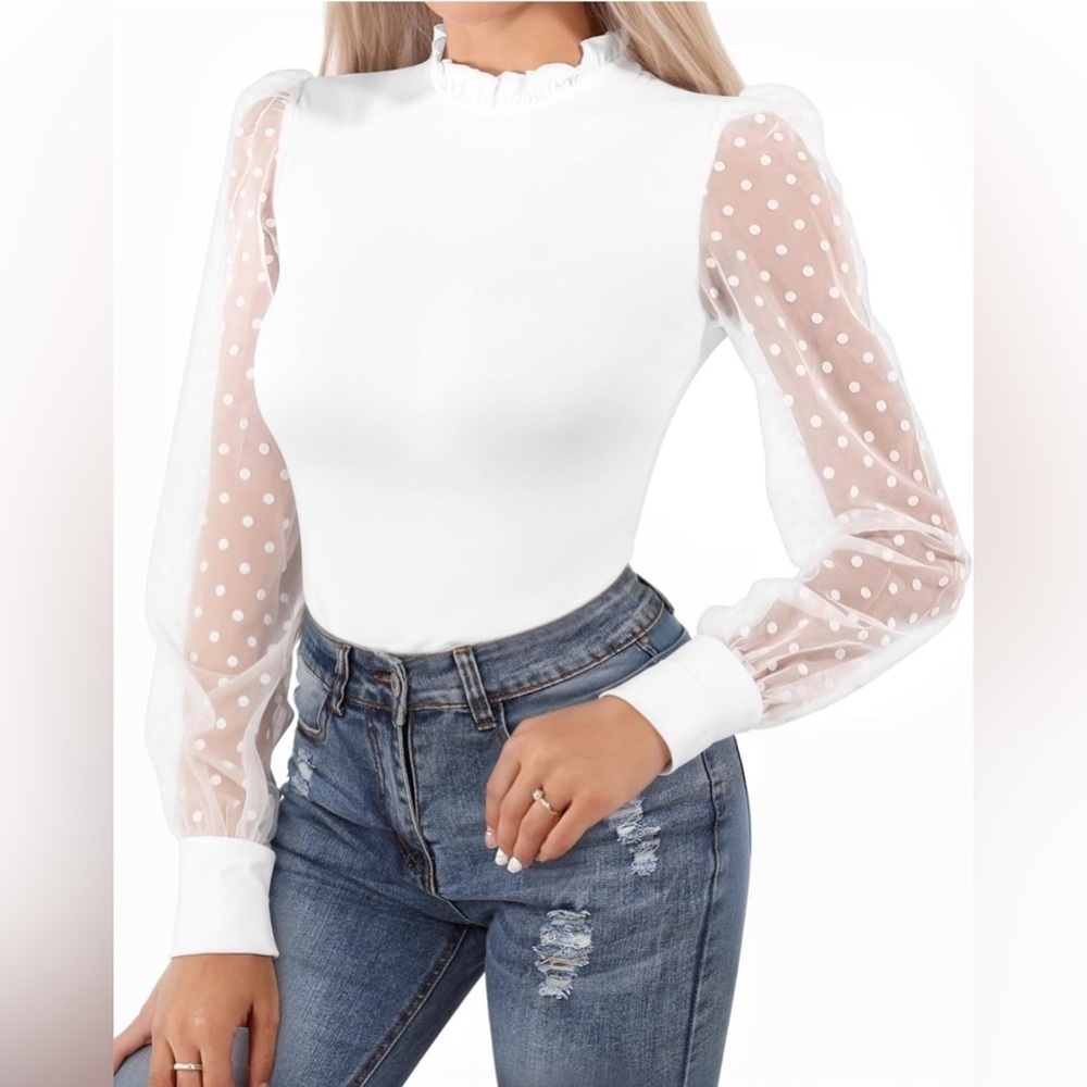 MANGOPOP Women's Dressy Casual Polka Dot Sheer Mesh Long Sleeve Blouses NWT